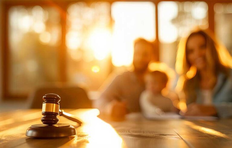 A person reviewing legal documents with a pen and a family photo on a table.