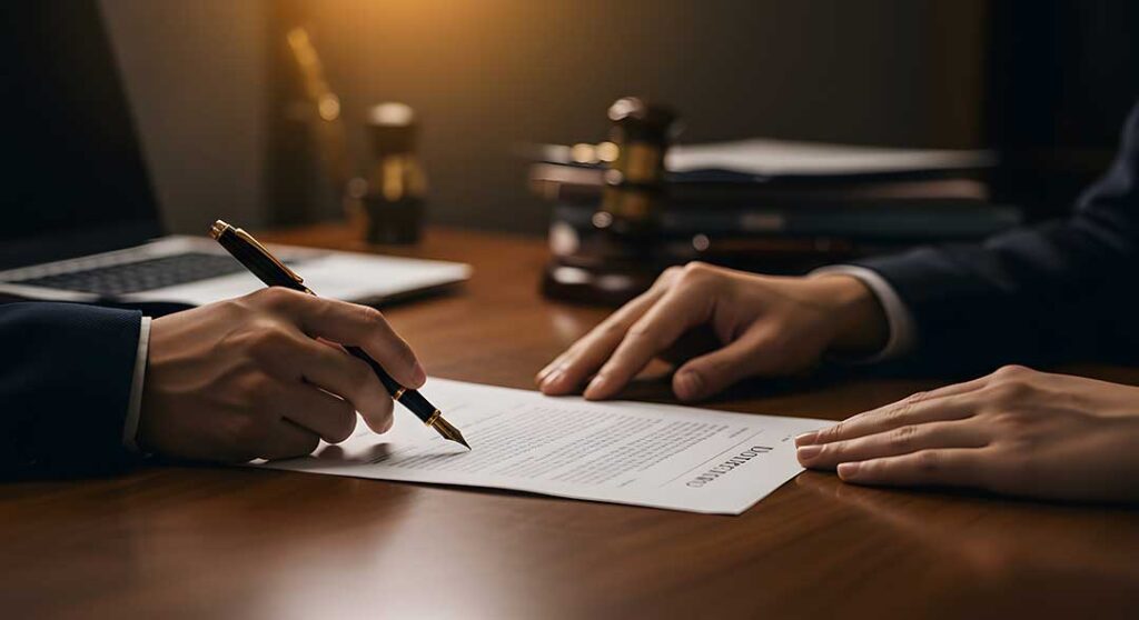 Two adults sitting at a table reviewing legal documents and signing papers together in a home setting.