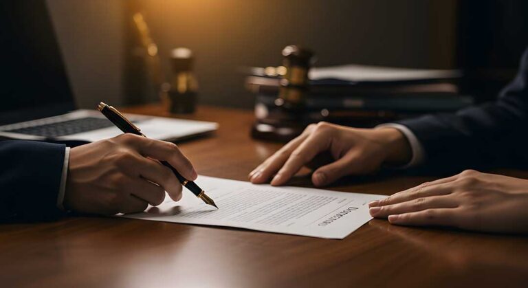 Two adults sitting at a table reviewing legal documents and signing papers together in a home setting.